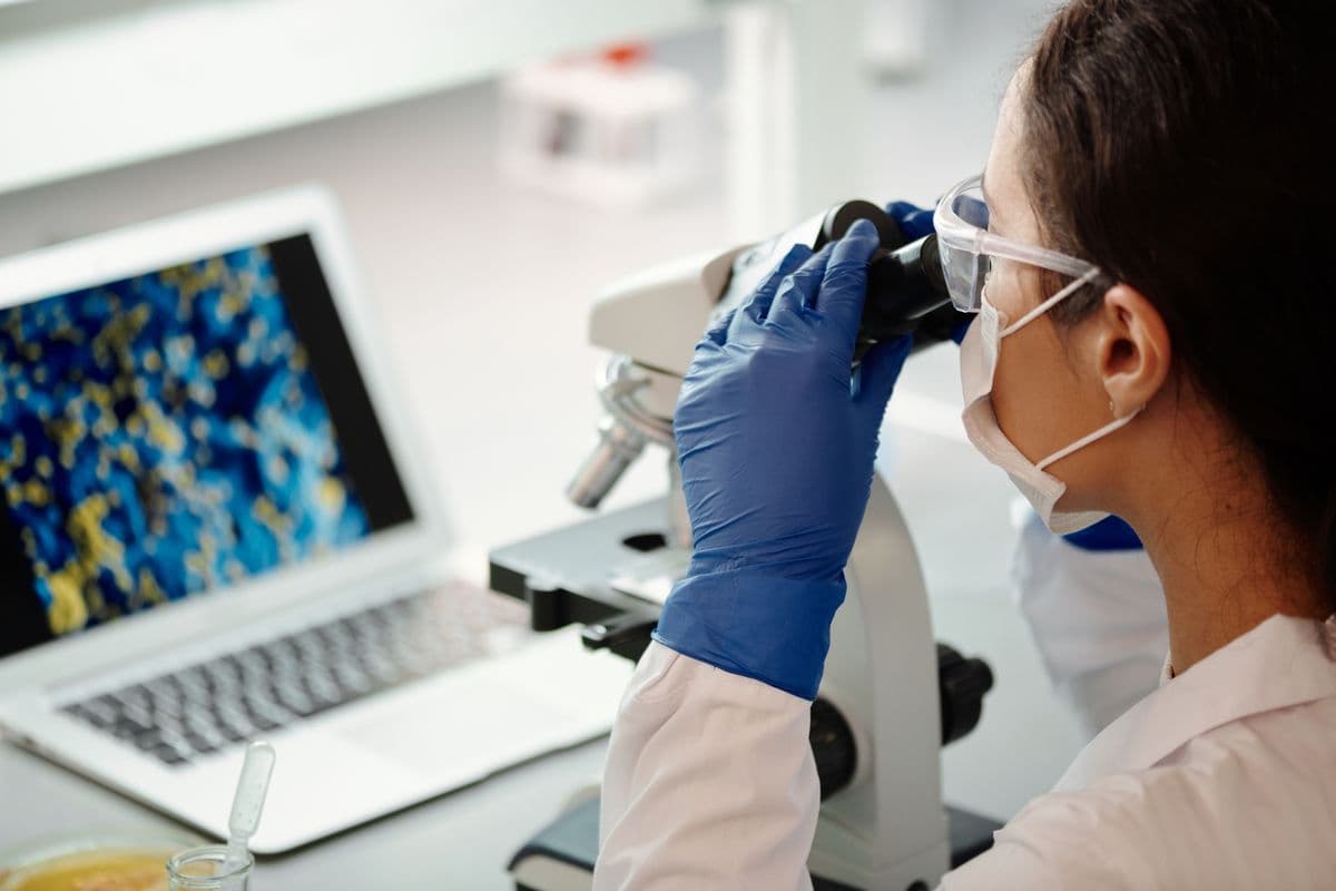Investigadora analizando en pantalla una imagen de microscopio